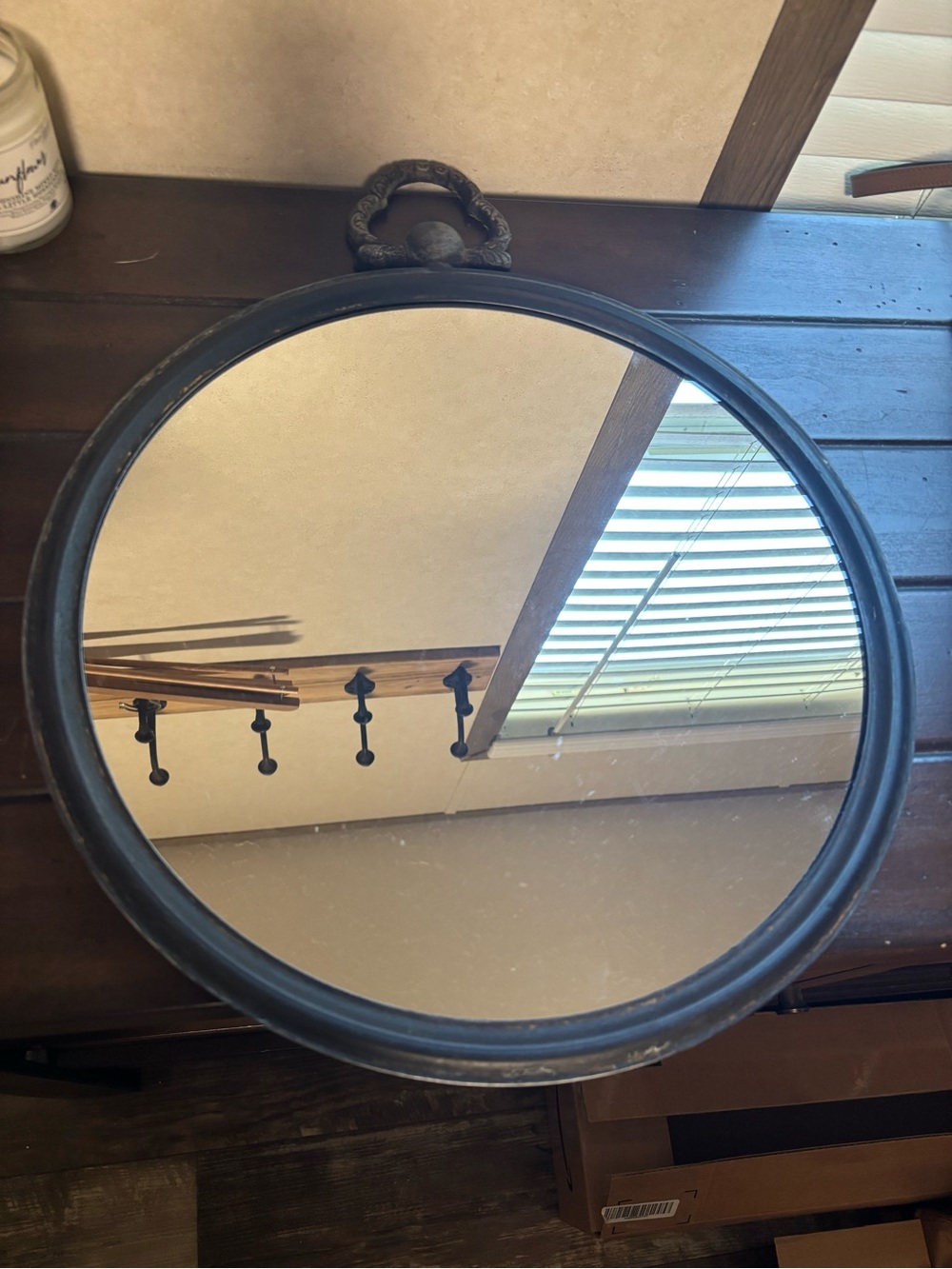 Source Unknown Black Round Wall Mirror with Decorative Top